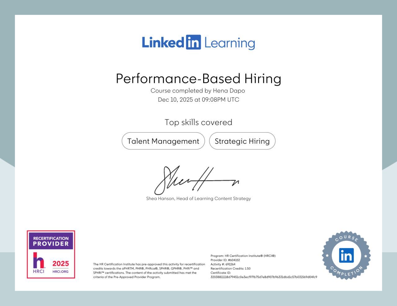 Hena Dapo certification badge