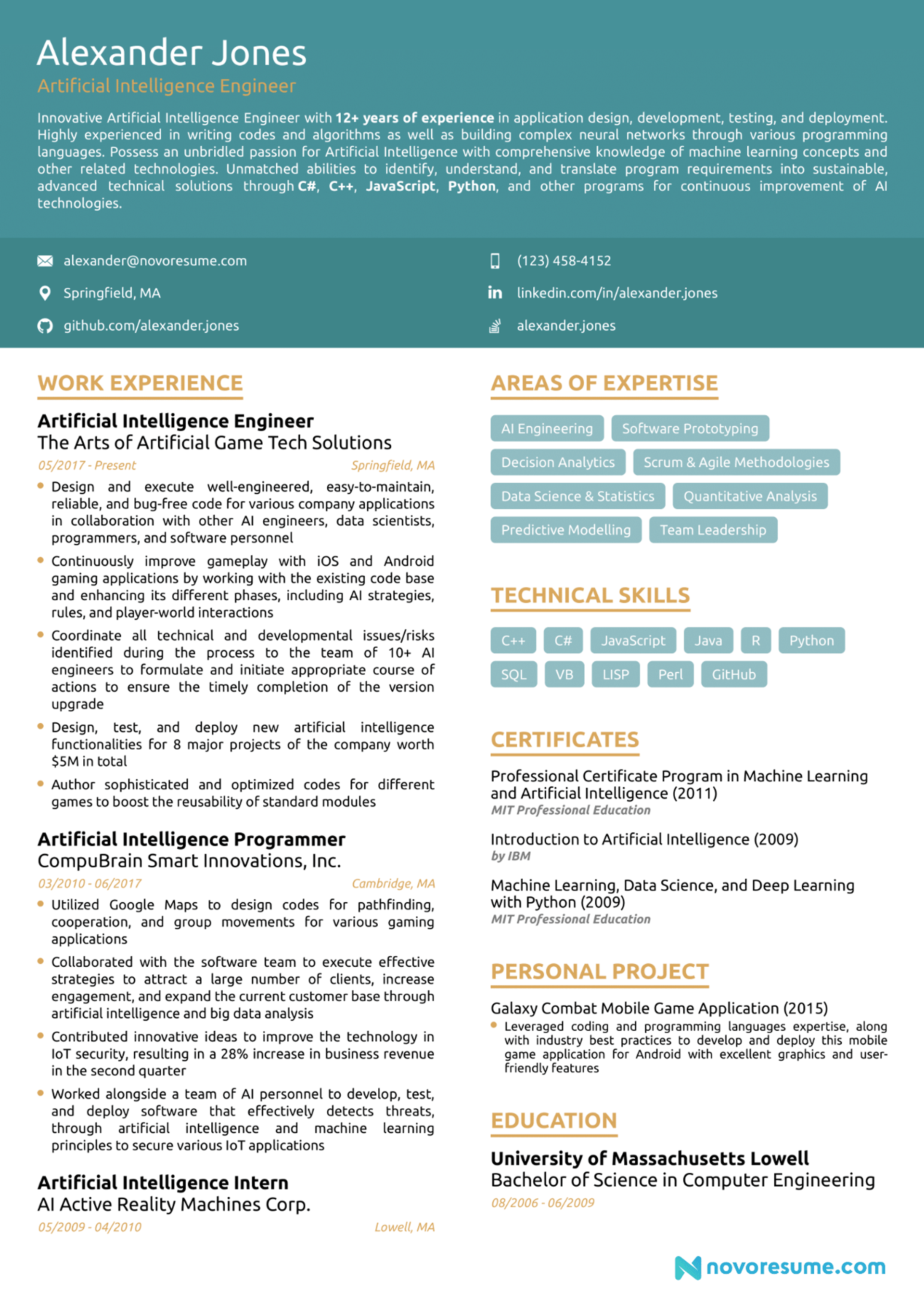 artificial intelligence engineer resume drafts AI engineer resume