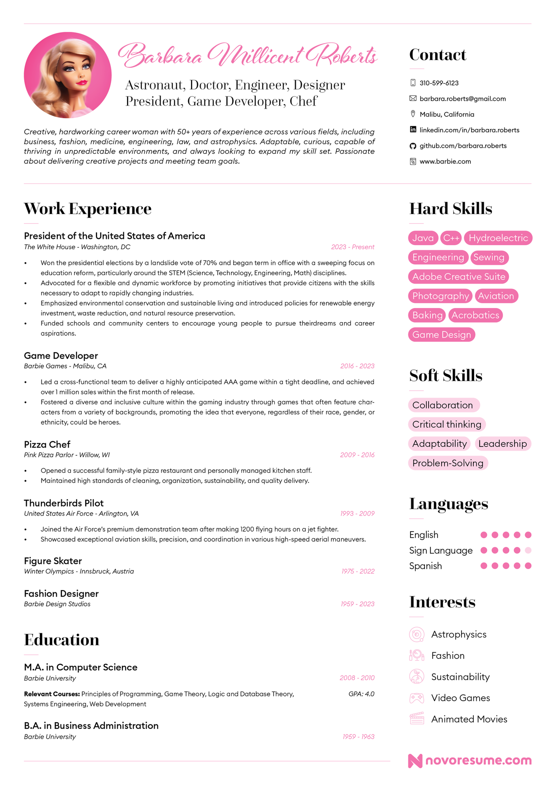 barbie resume drafts barbie one page
