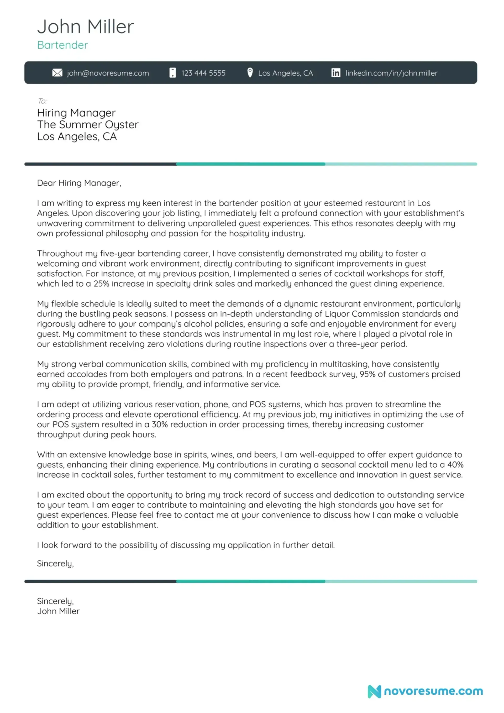 bartender cover letter examples drafts Bartender Cover Letter