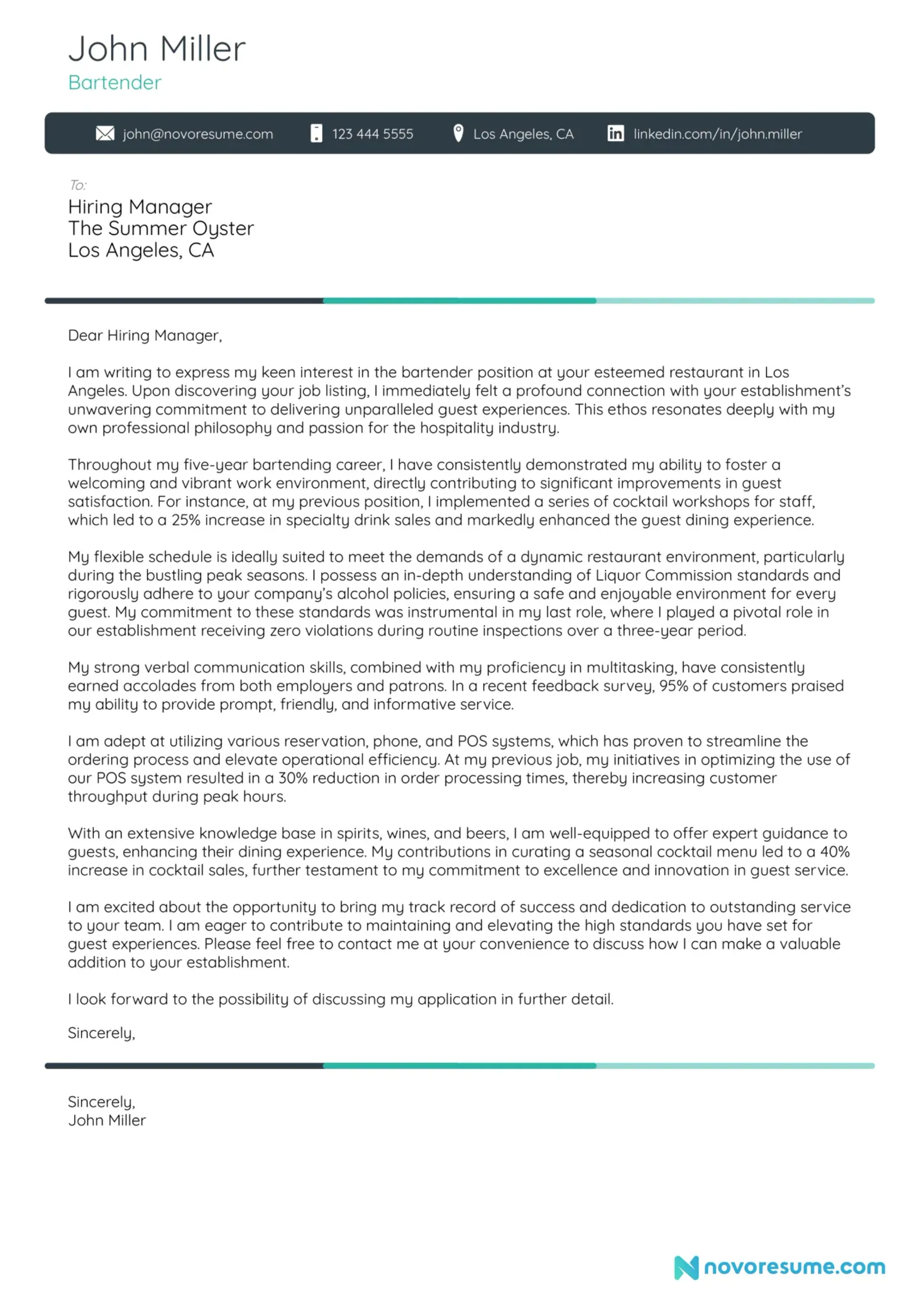 bartender cover letter examples drafts Bartender Cover Letter