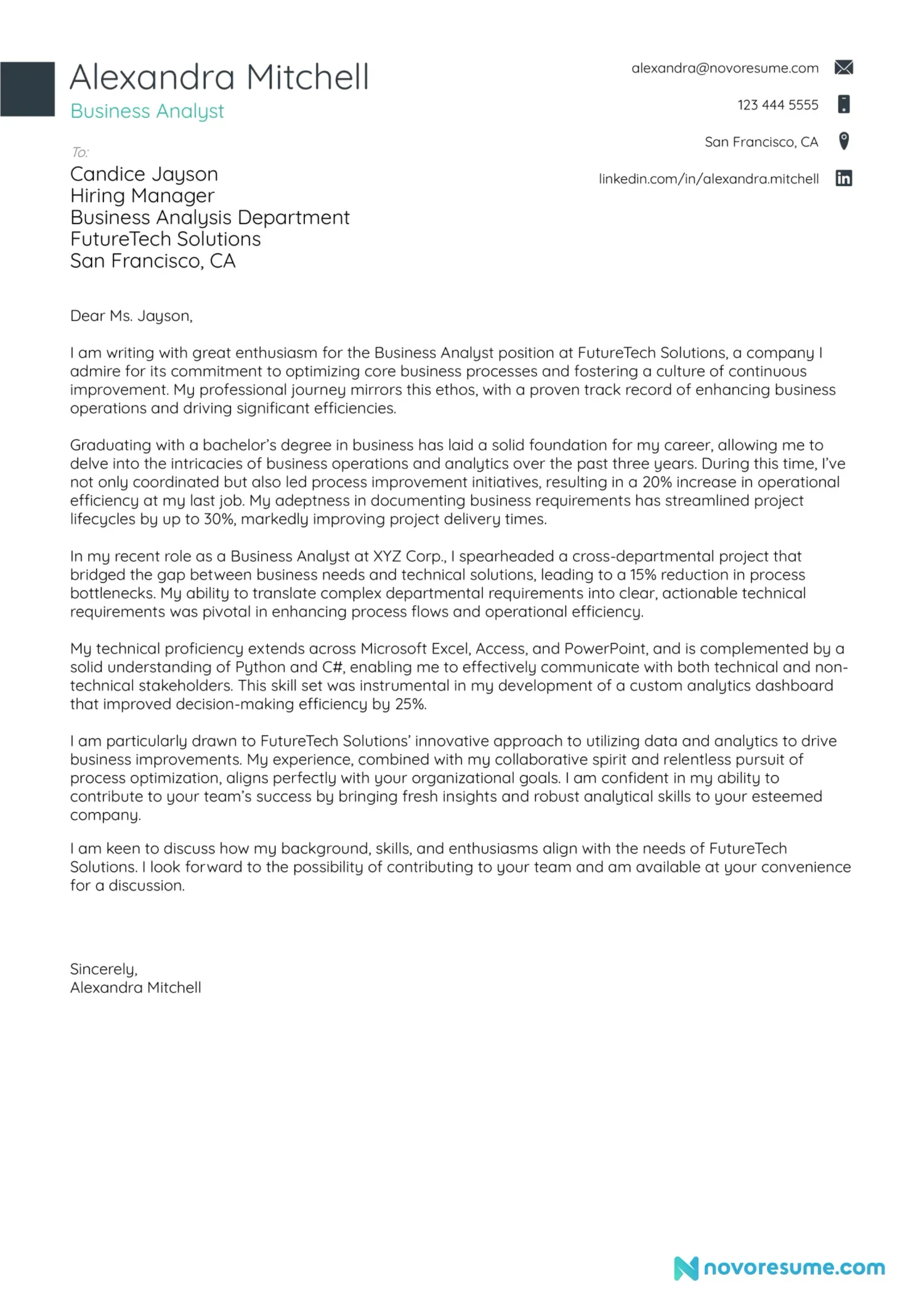 Business Analyst cover letter example