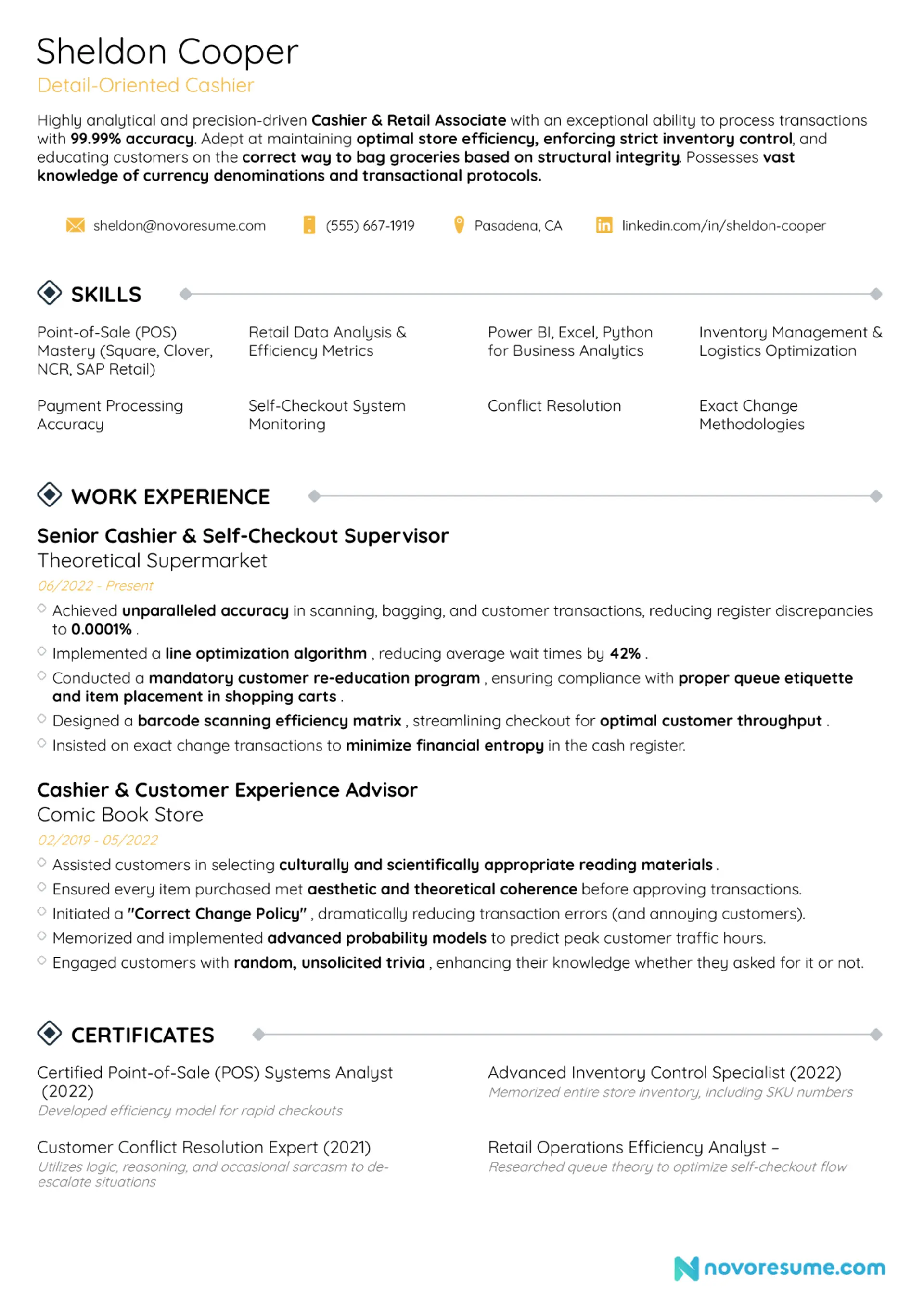 cashier resume drafts cashier resume