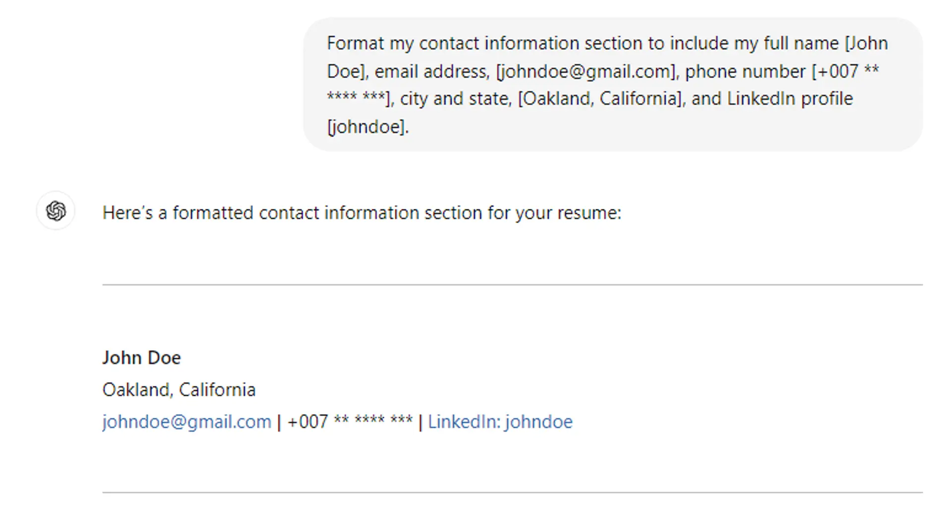 chatgpt resume prompts drafts ChatGPT Contact Information Section