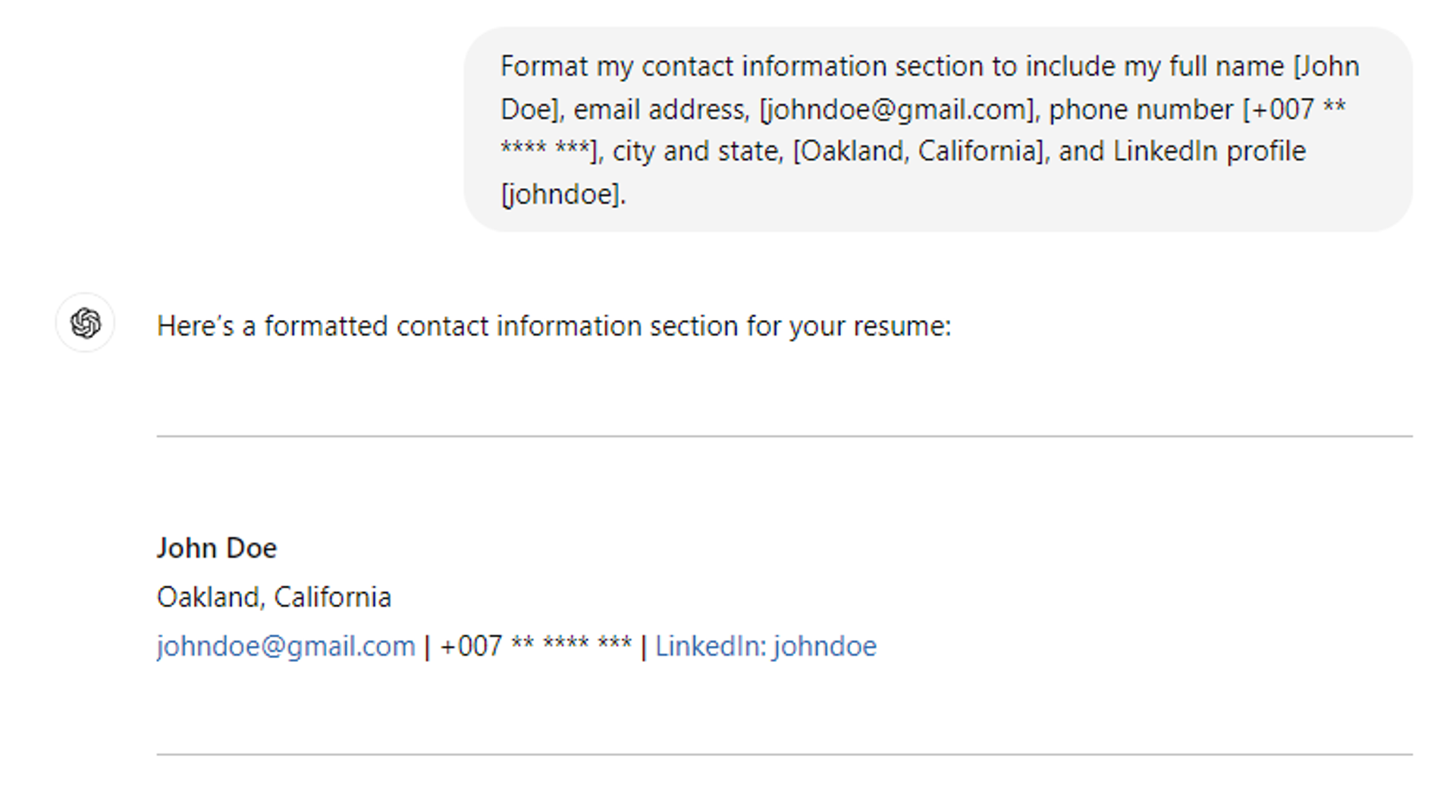 chatgpt resume prompts drafts ChatGPT Contact Information Section
