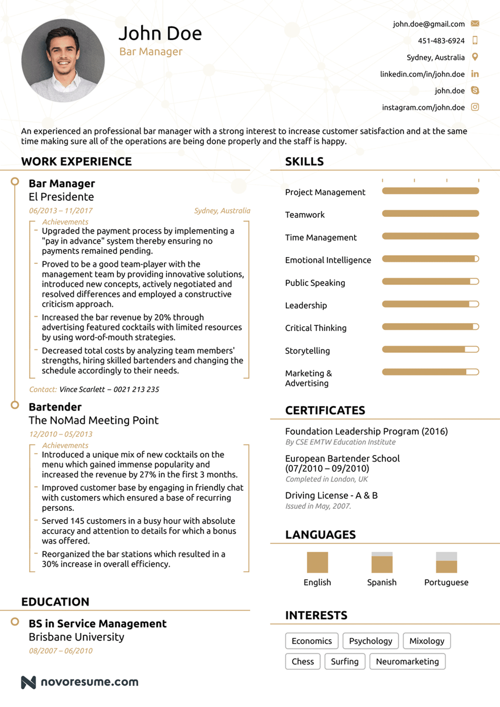 chronological resume drafts Bar Manager Chronological Resume