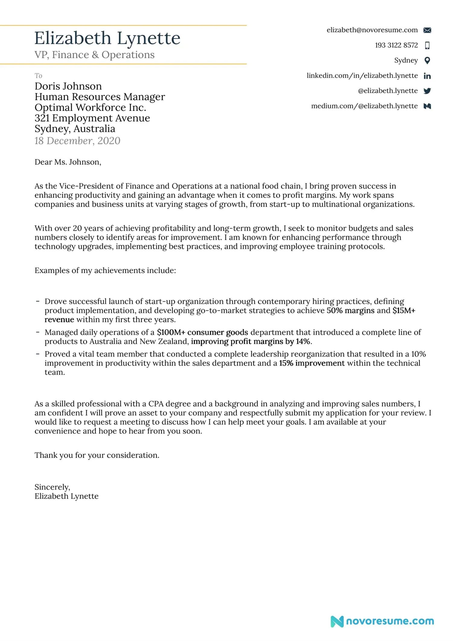 Senior Executive cover letter example