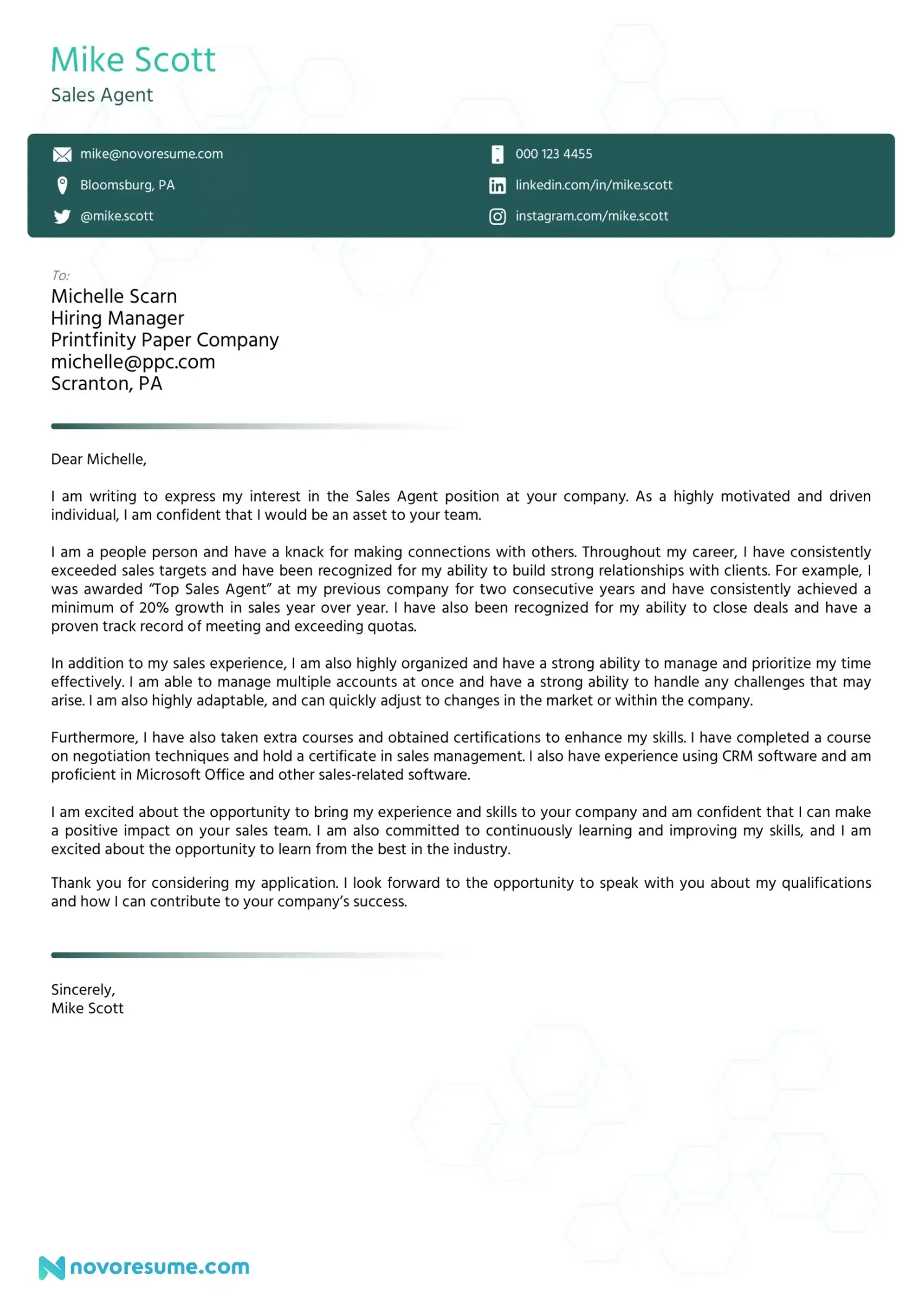 cover letter examples drafts Cover Letter Example  for Sales