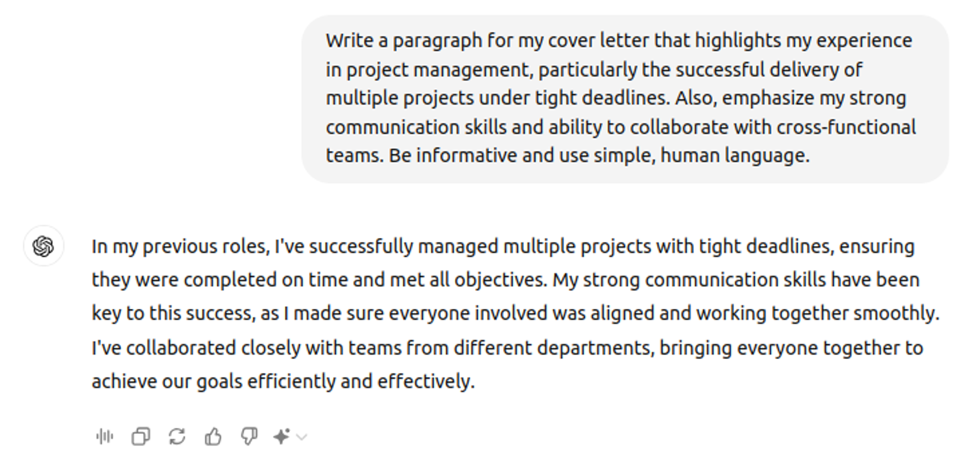 create a cover letter with chatgpt drafts ChatGPT Prompt Example for Cover