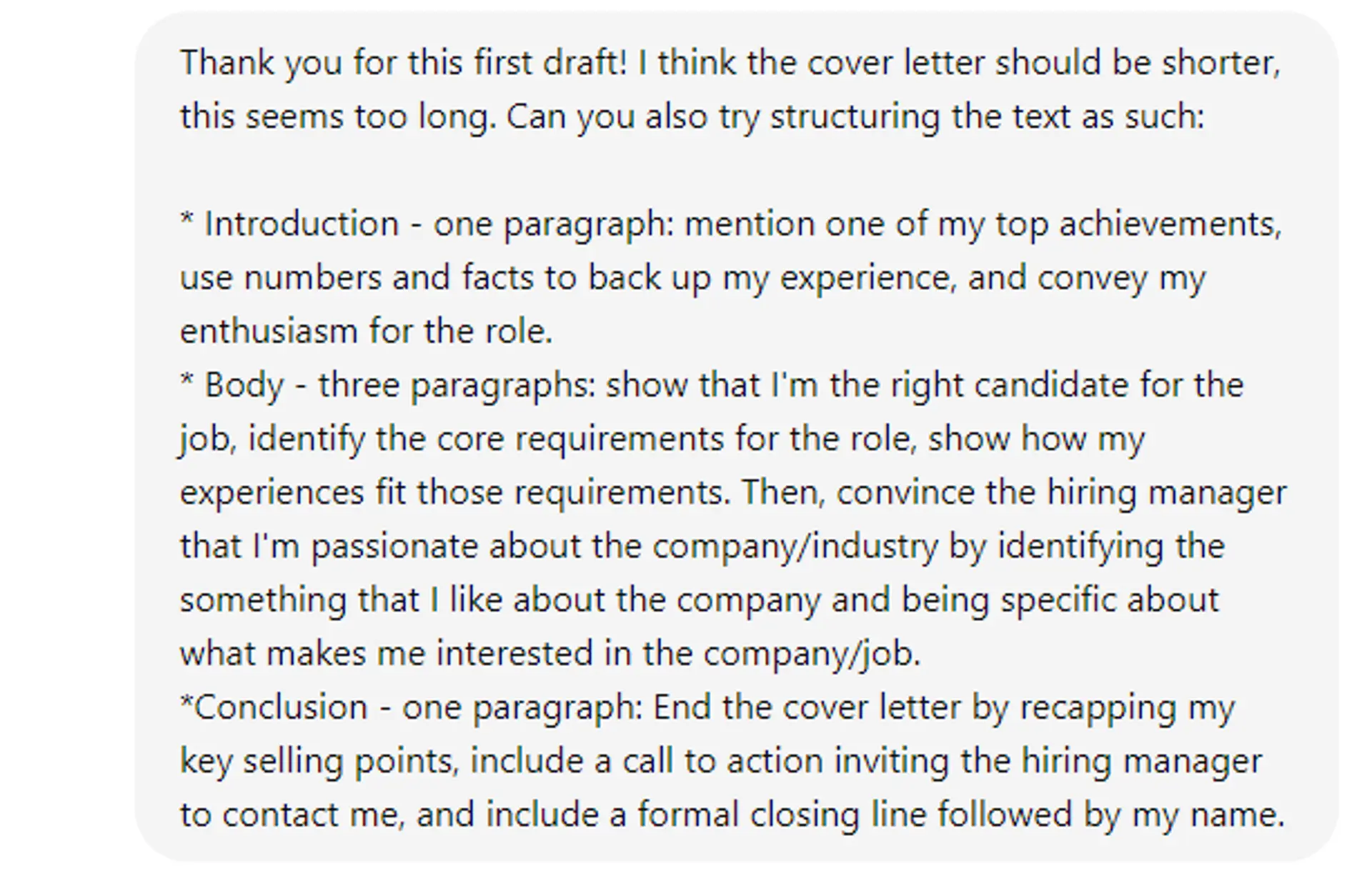 create a cover letter with chatgpt drafts follow up prompt chatgpt for cover