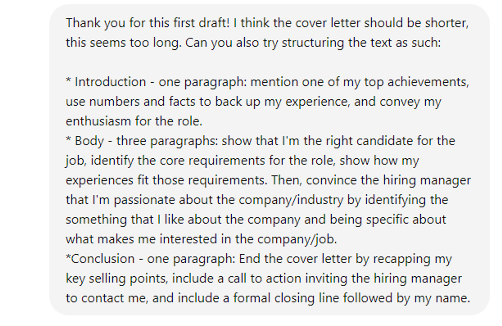 create a cover letter with chatgpt drafts follow up prompt chatgpt for cover