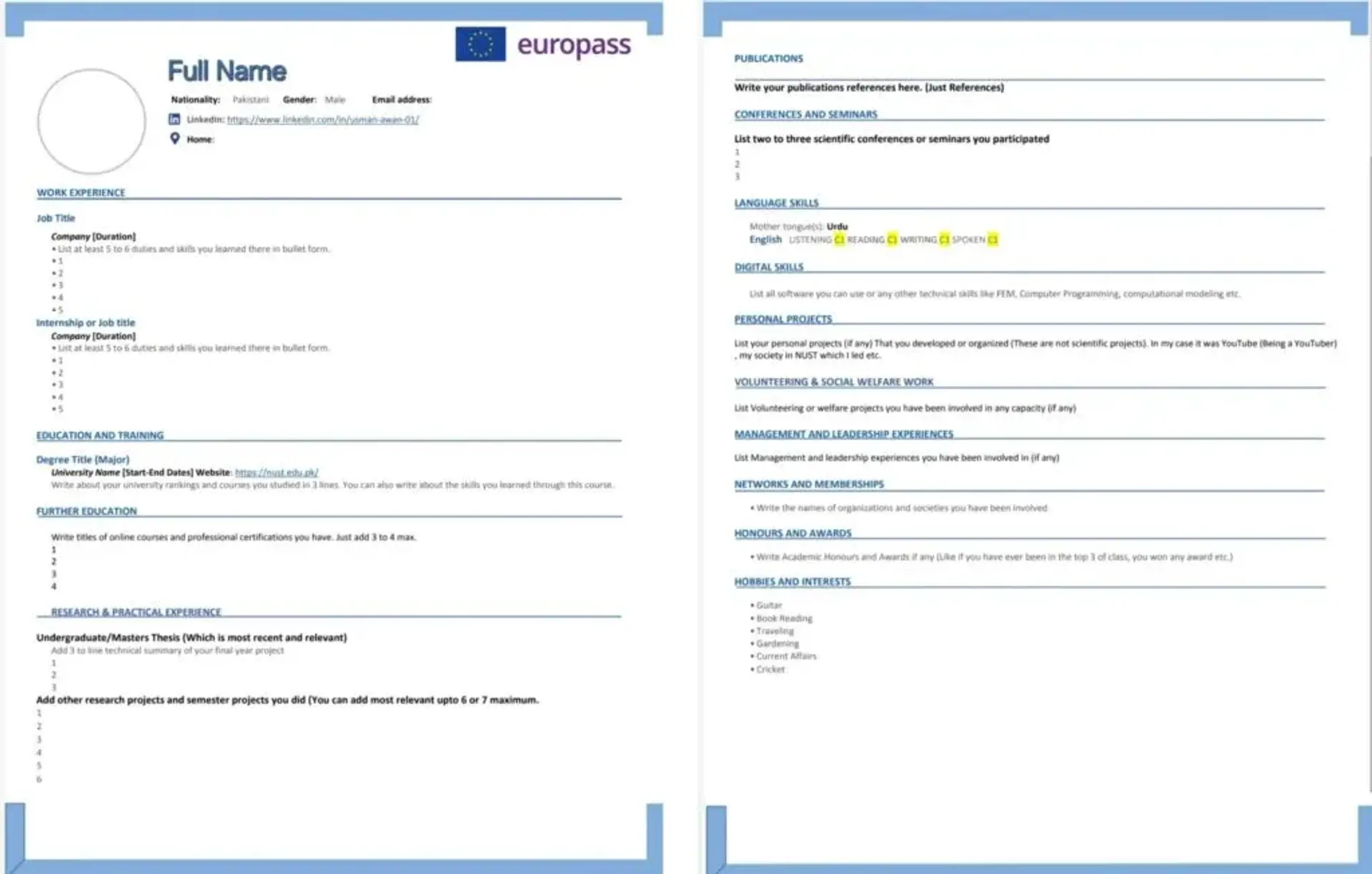 european cv format drafts Europass CV