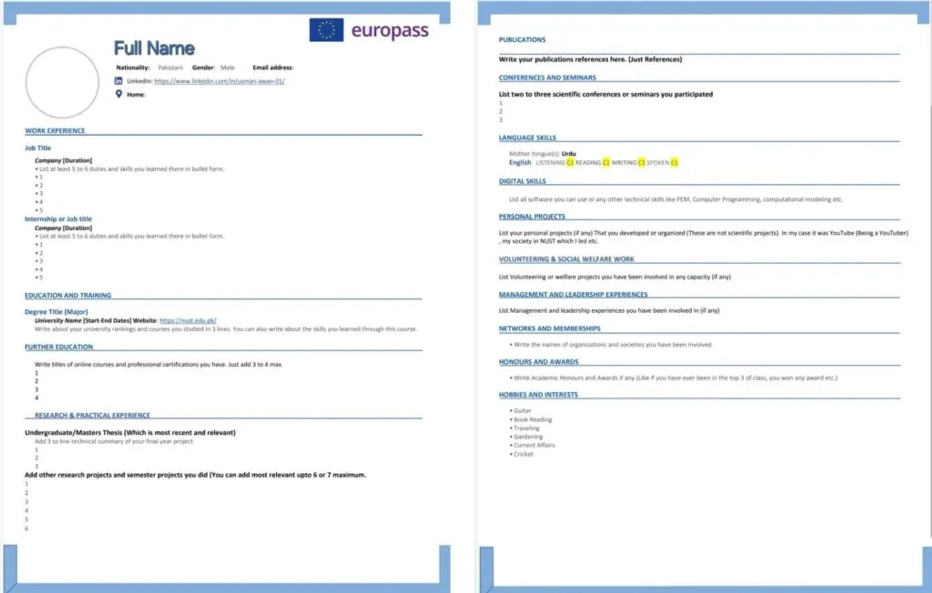 european cv format drafts Europass CV