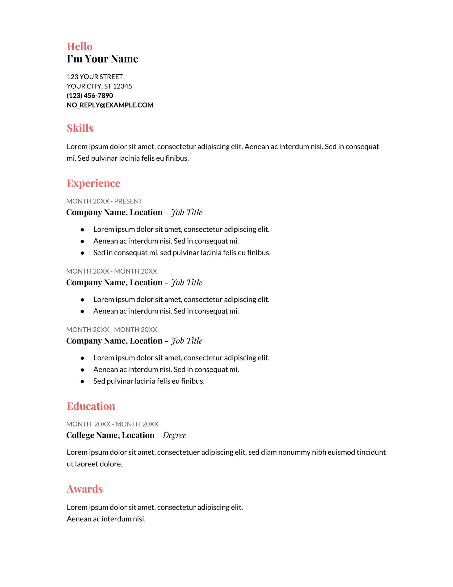google docs resume templates drafts Coral Google Docs Resume