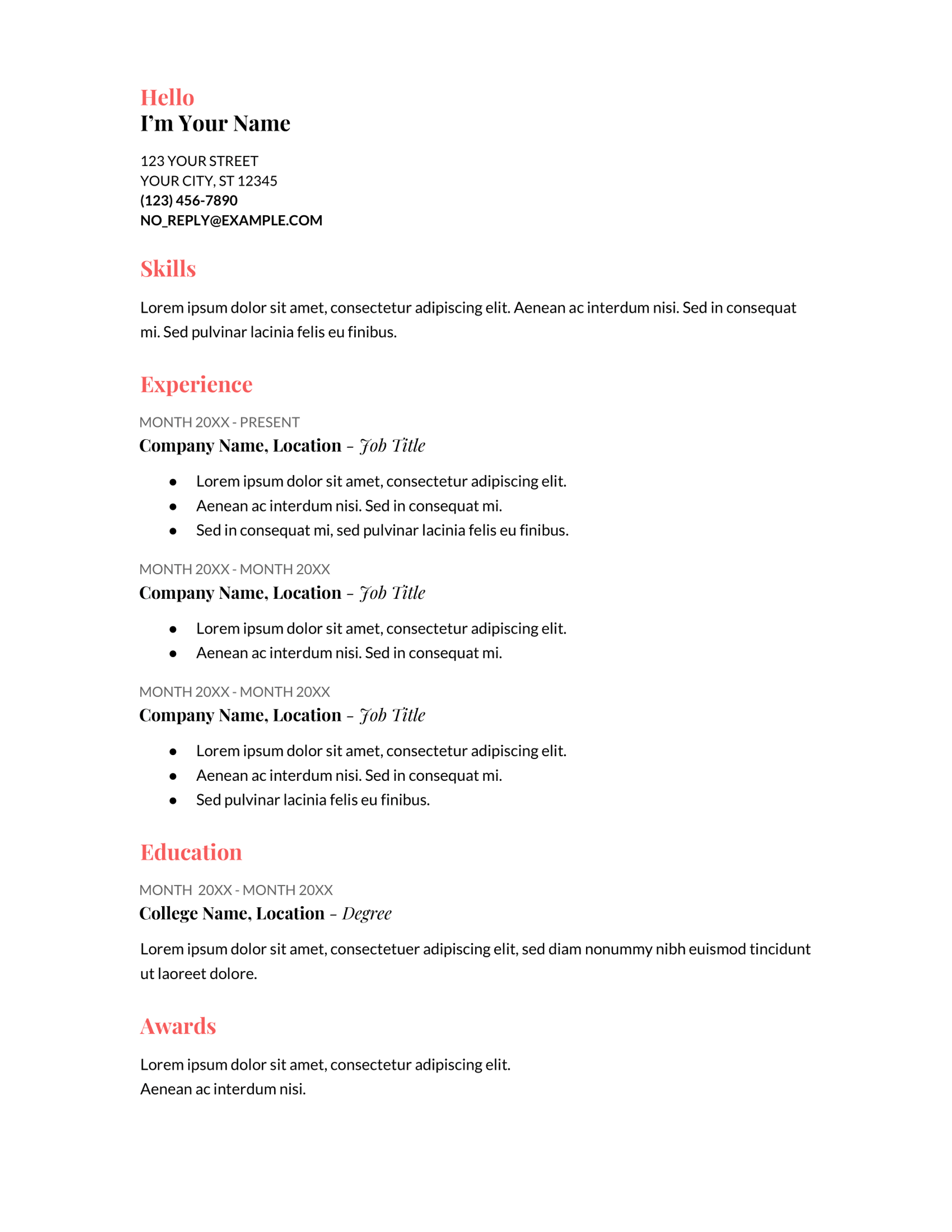 google docs resume templates drafts Coral Google Docs Resume