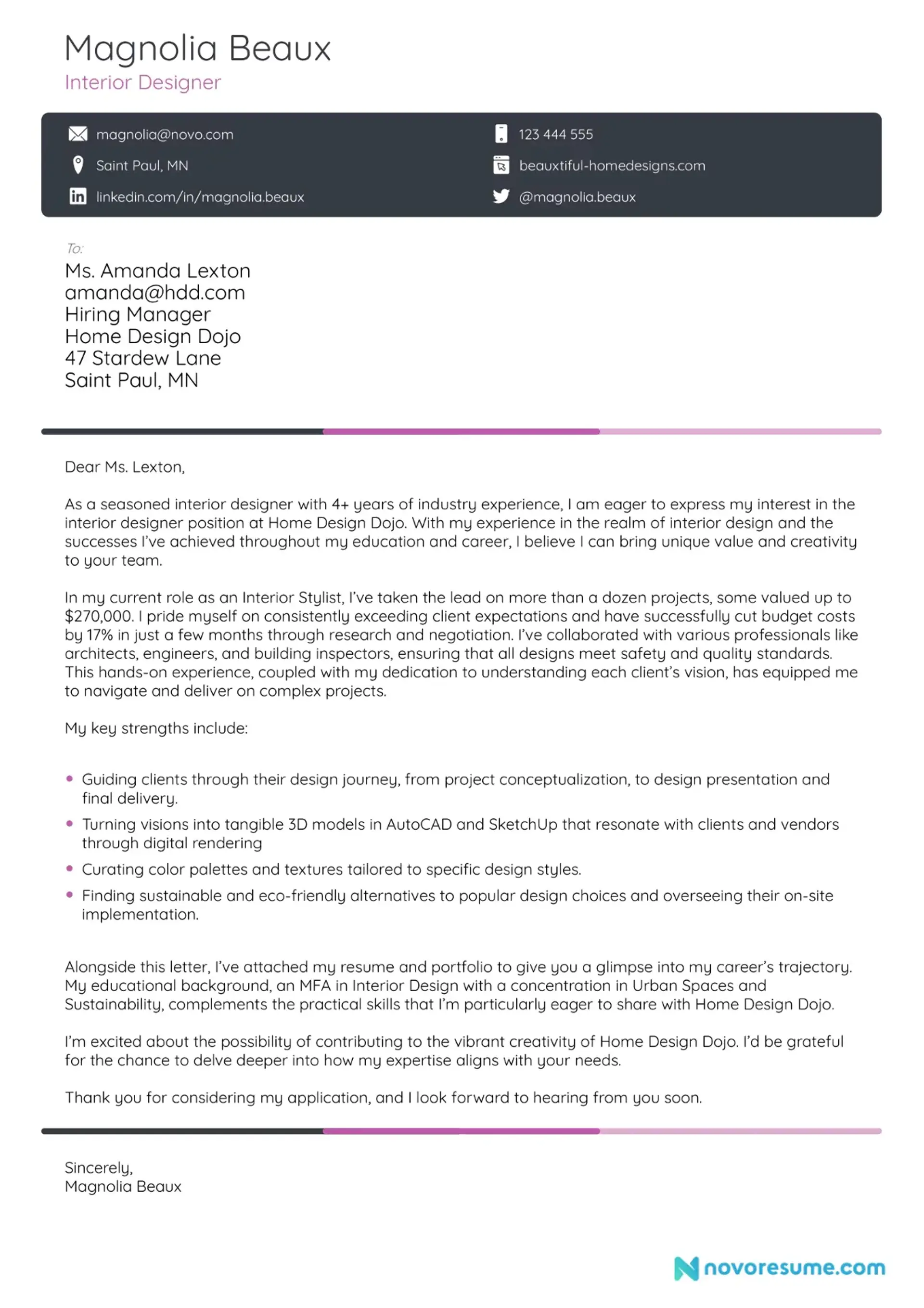 interior designer cover letter examples drafts Interior Designer Cover Letter