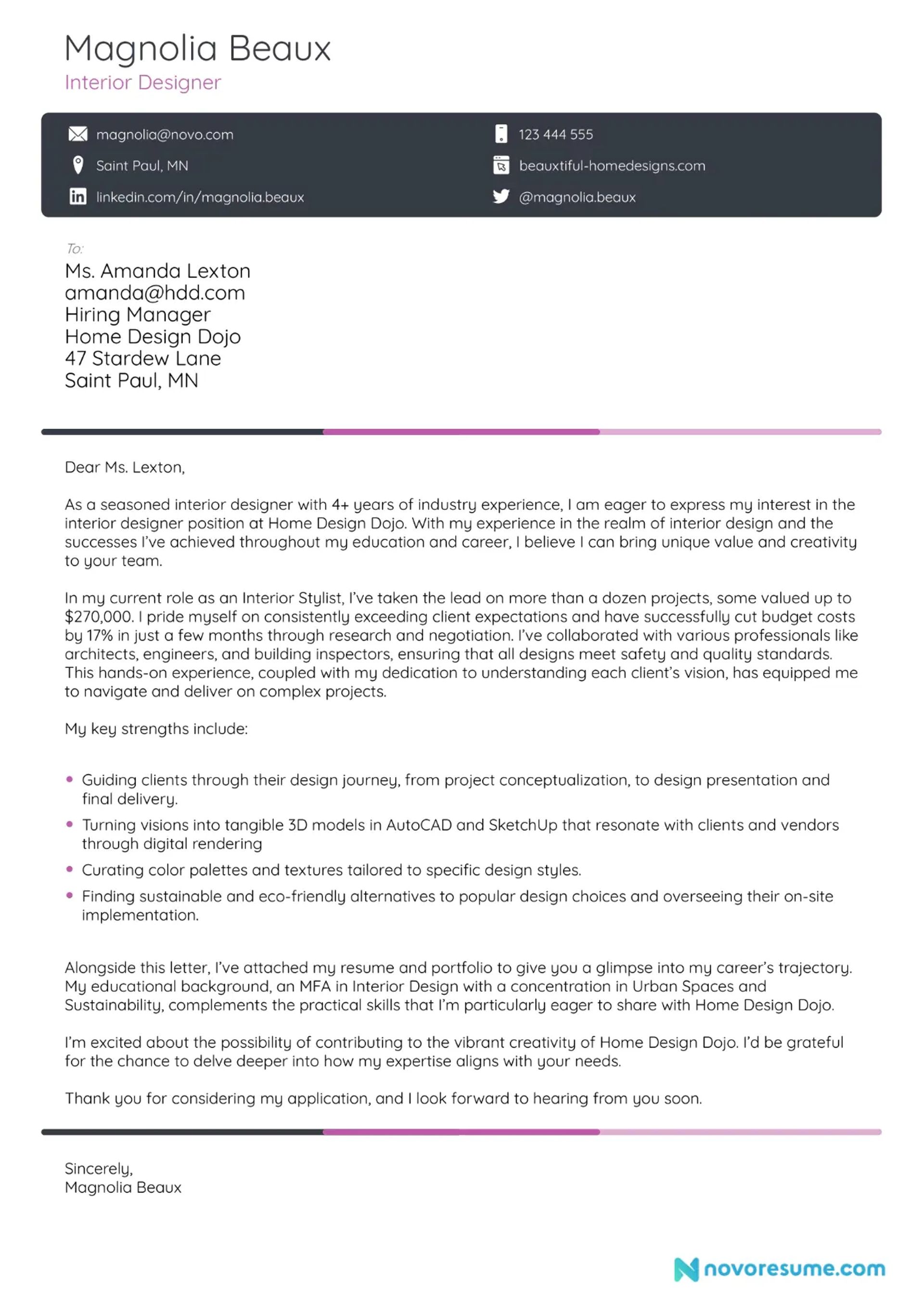 interior designer cover letter examples drafts Interior Designer Cover Letter