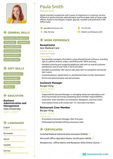 receptionist resume