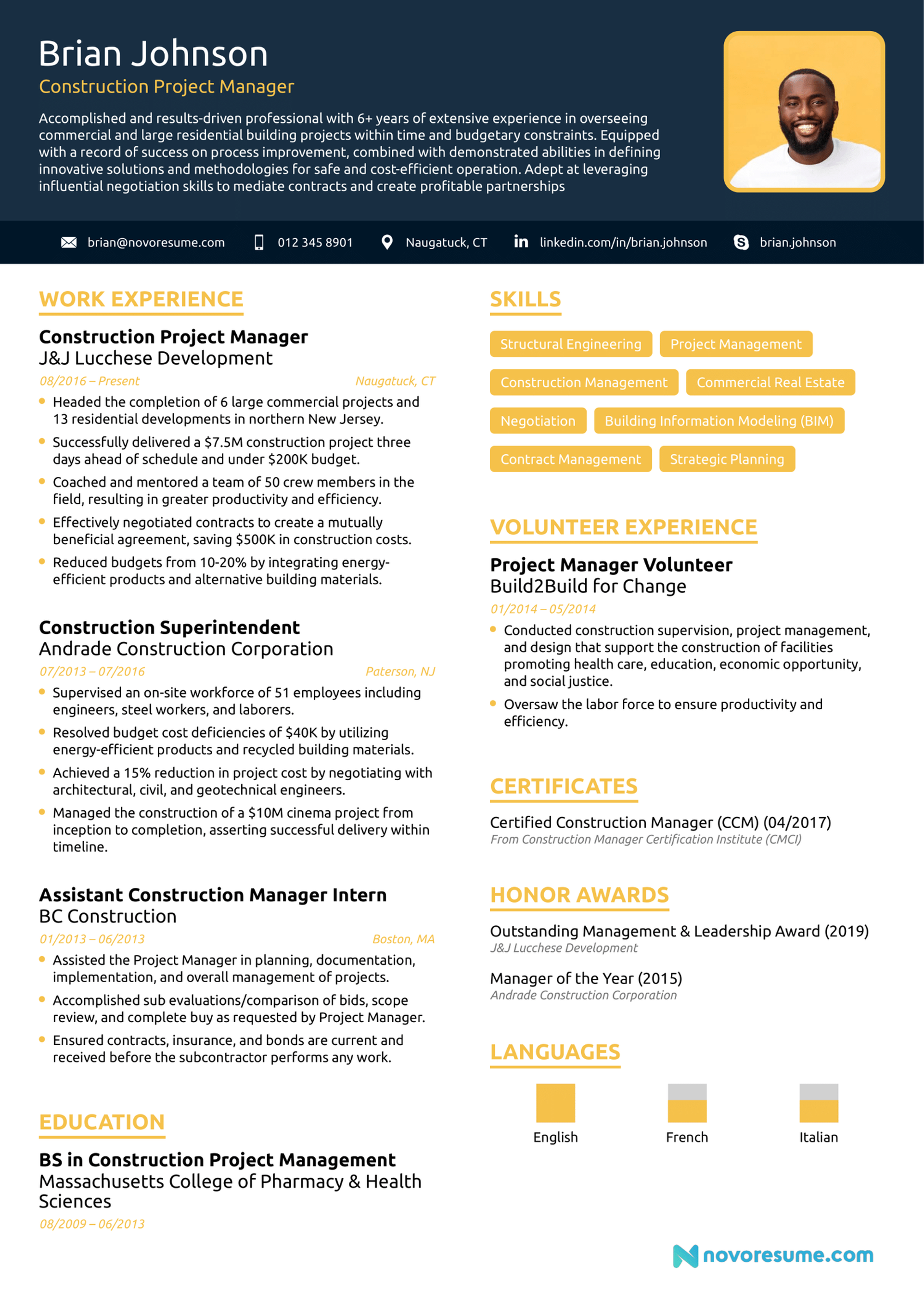 resume vs cover letter drafts Construction Project Manager Resume
