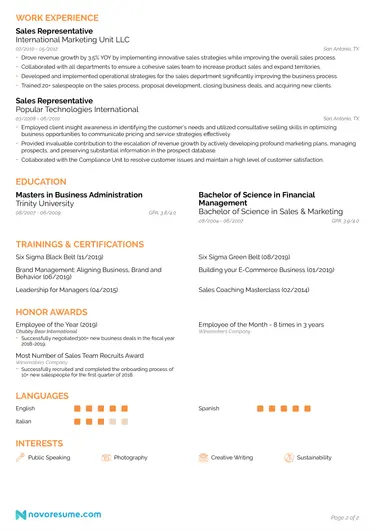 sales resume page