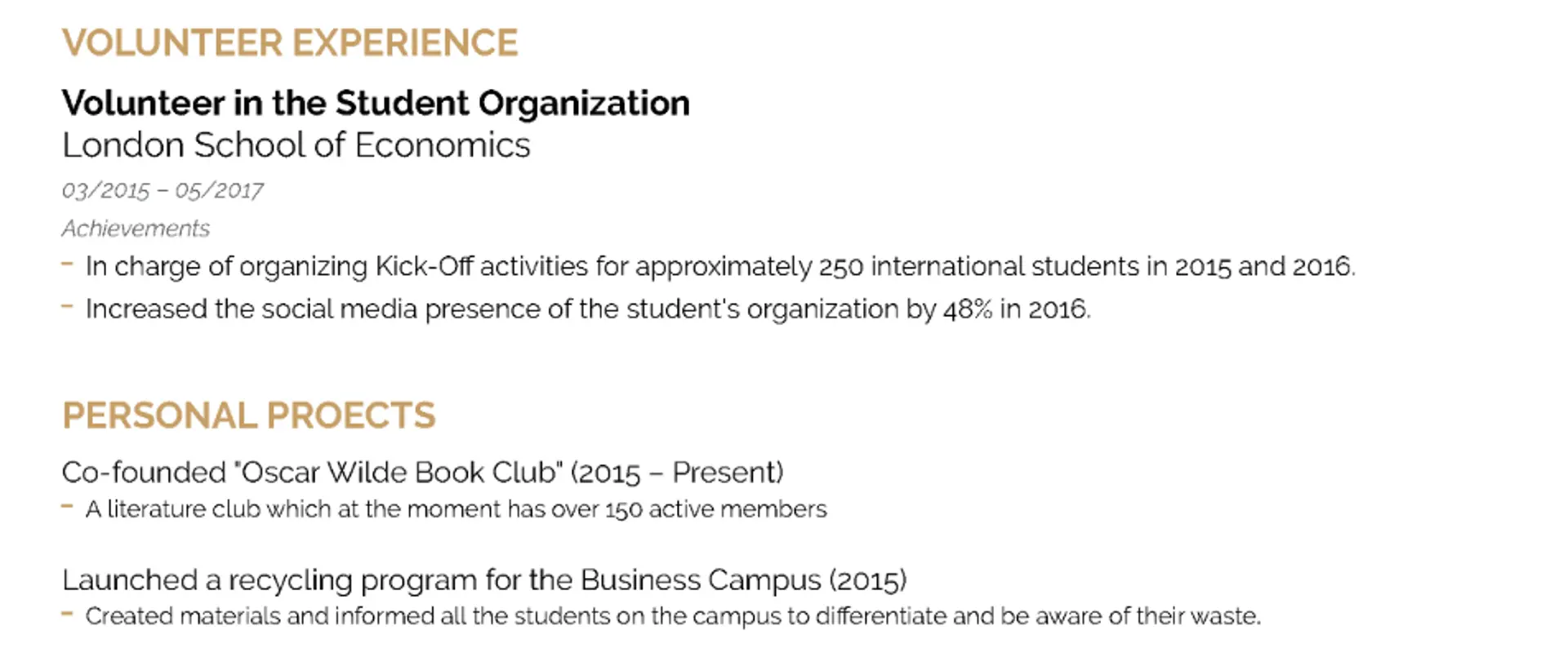 student resume drafts volunteer projects on student