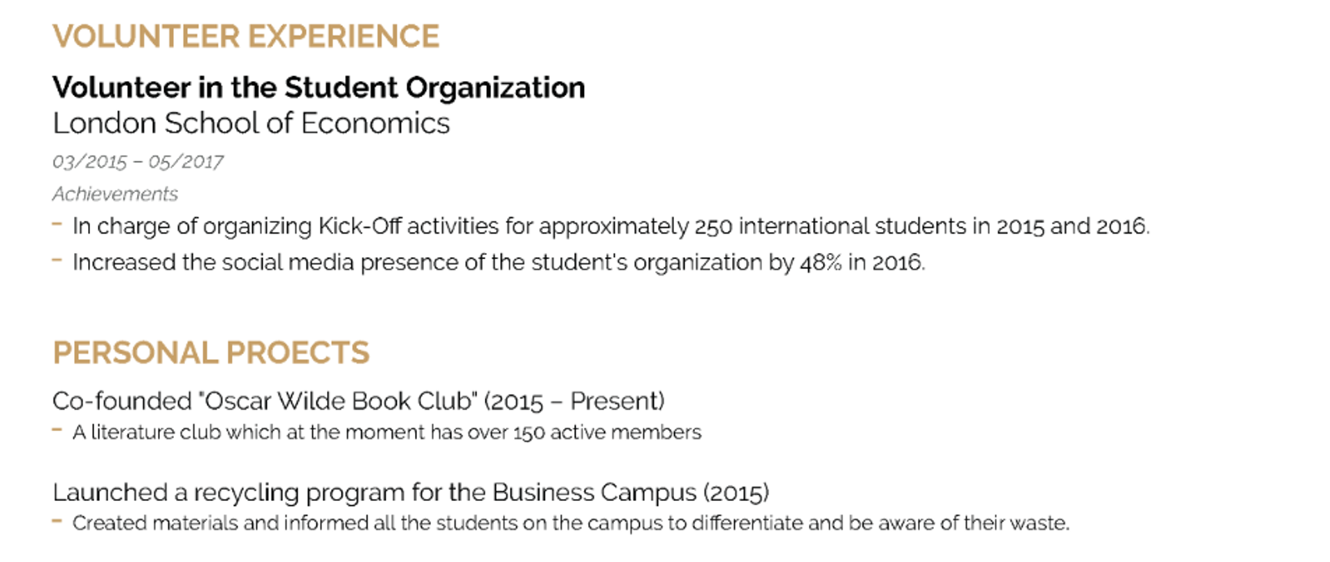 student resume drafts volunteer projects on student
