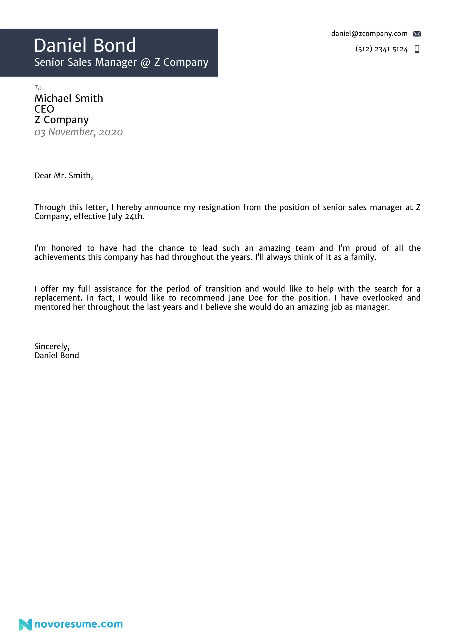two weeks notice drafts Resignation Letter Sample for a