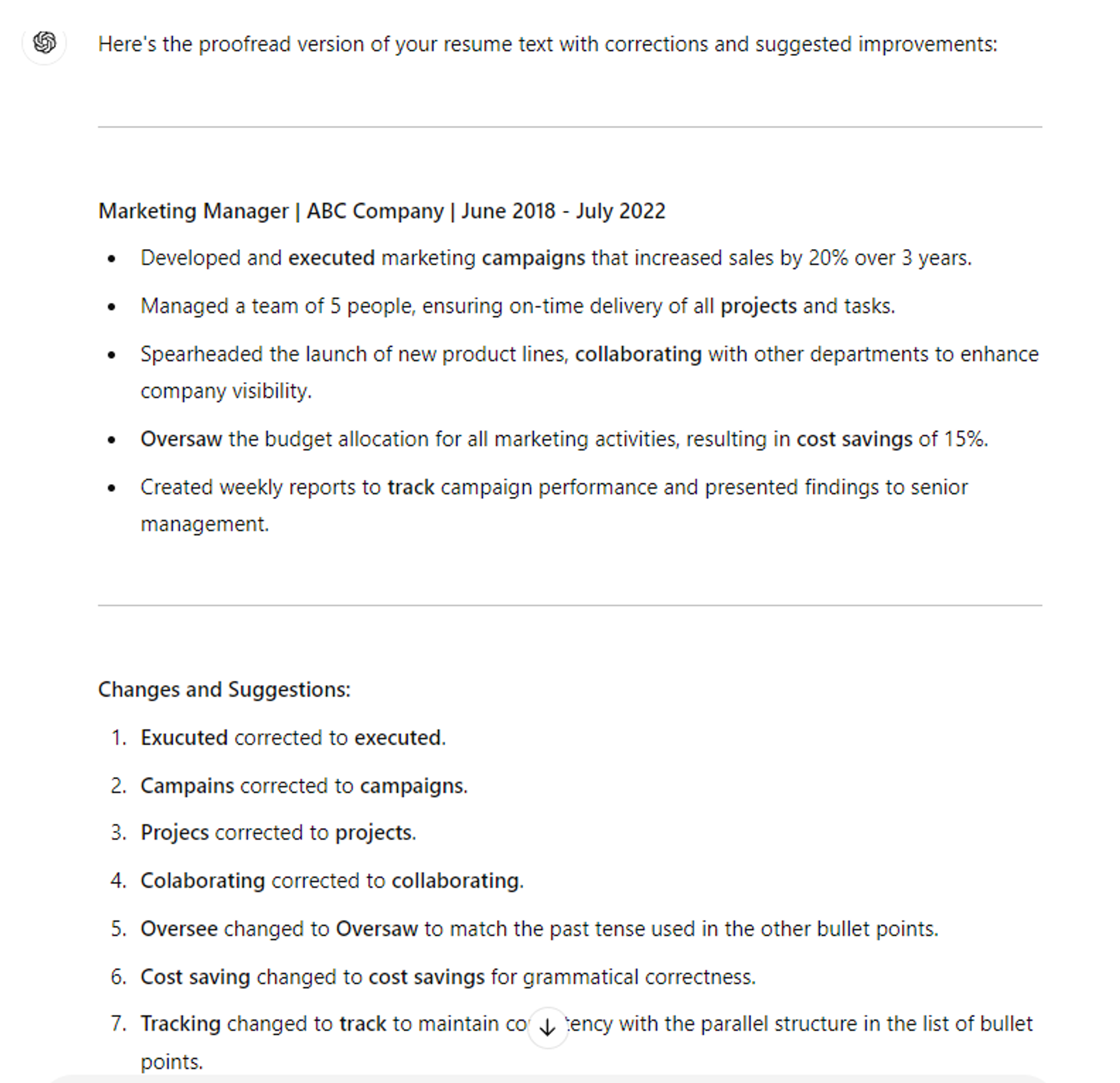 use chatgpt to review resume drafts ChatGPT output for resume