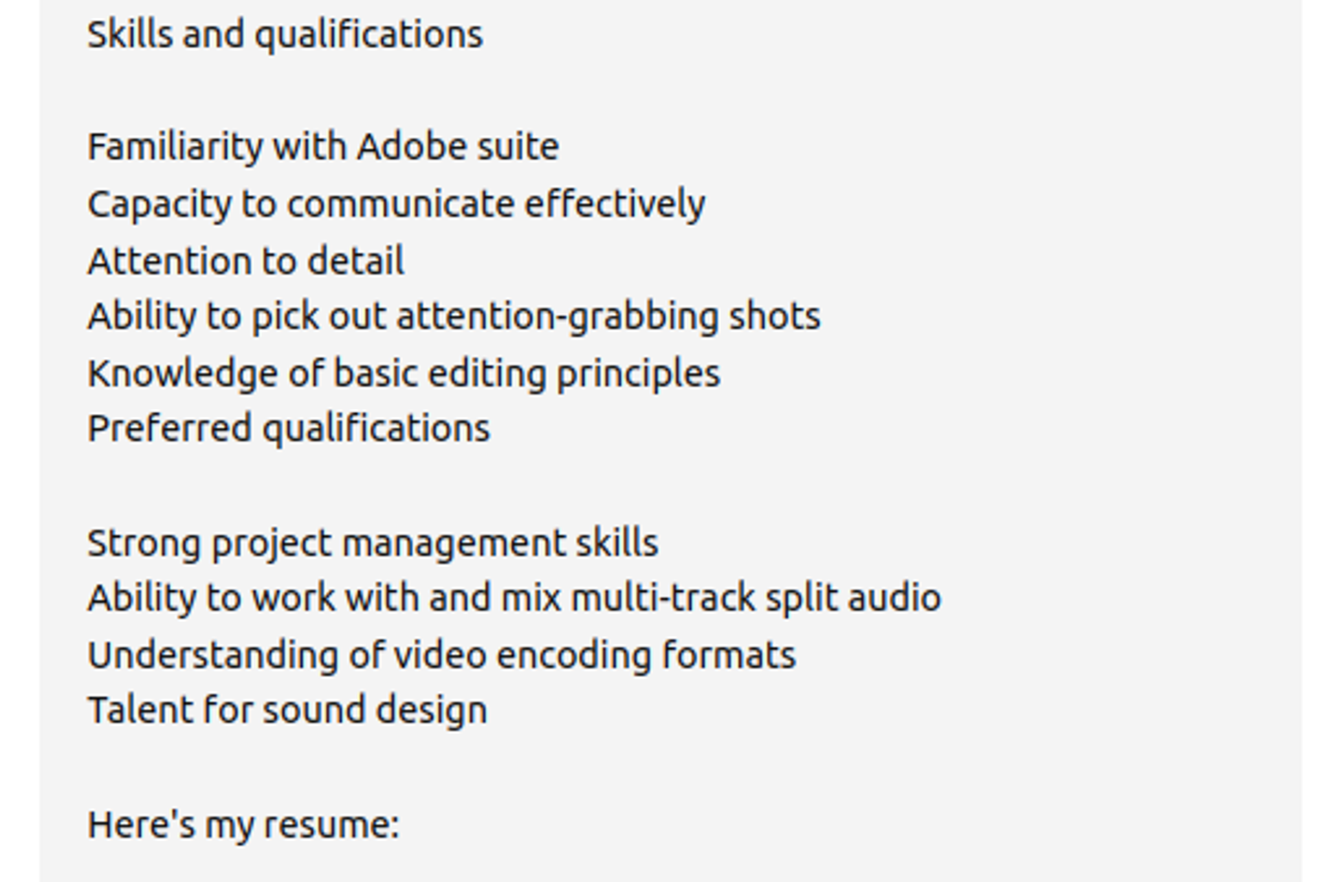 use chatgpt to review resume drafts chatgpt prompots for a video editor resume skills and