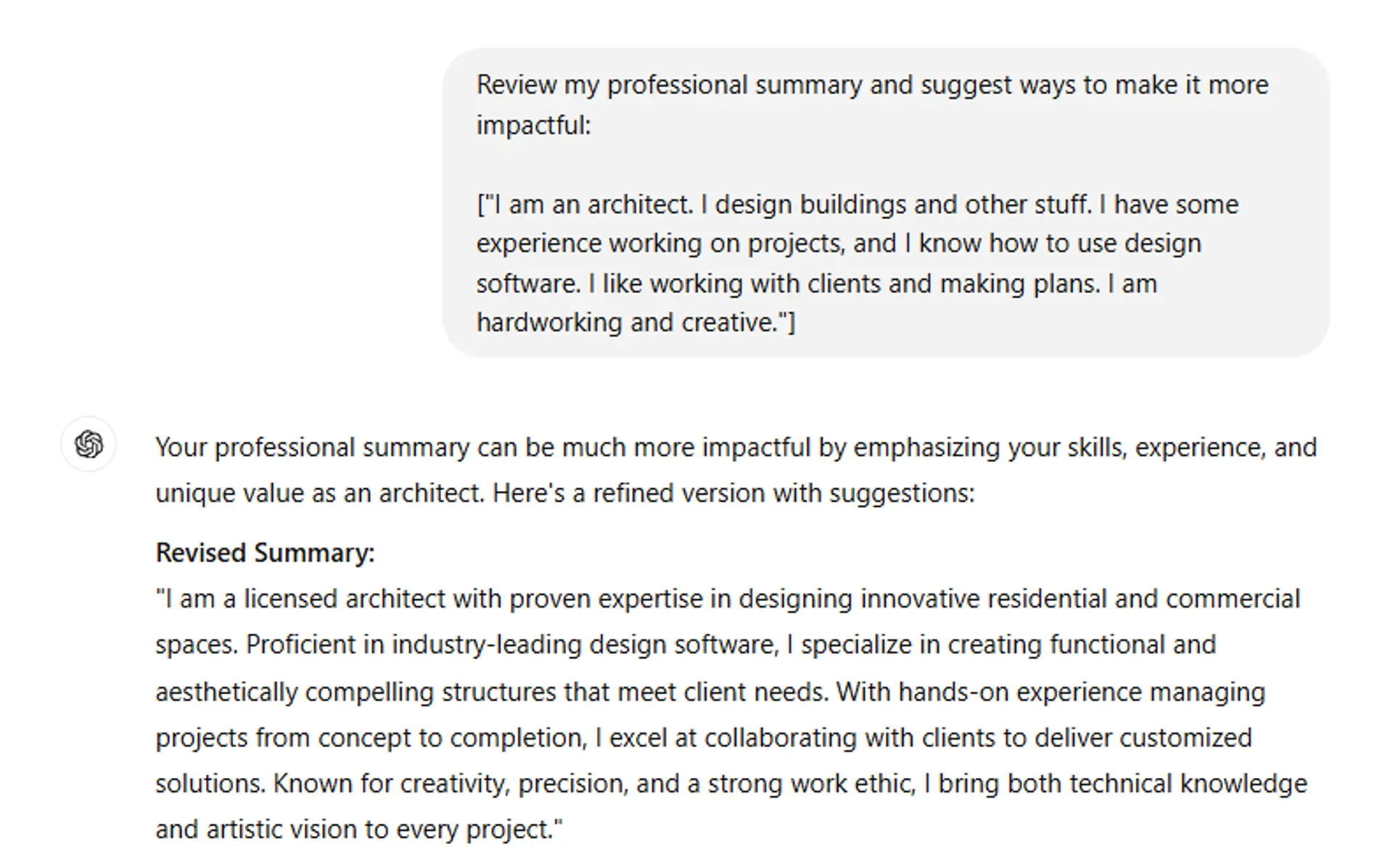 use chatgpt to upgrade resume drafts generic architect resume