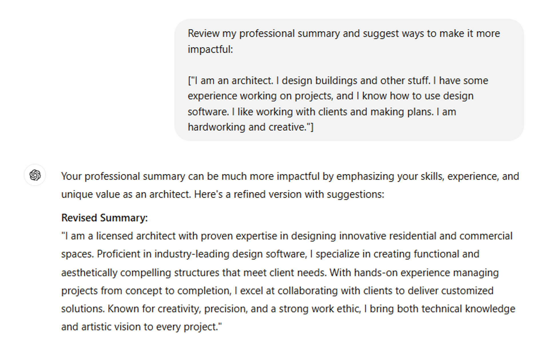 use chatgpt to upgrade resume drafts generic architect resume