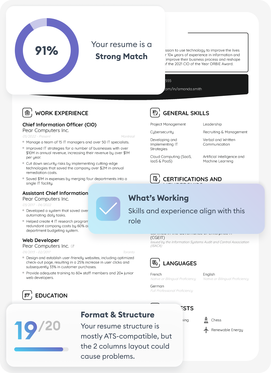 Creador de currículums con IA de Novorésumé mostrando un currículum con un 91 % de coincidencia y comentarios de ATS