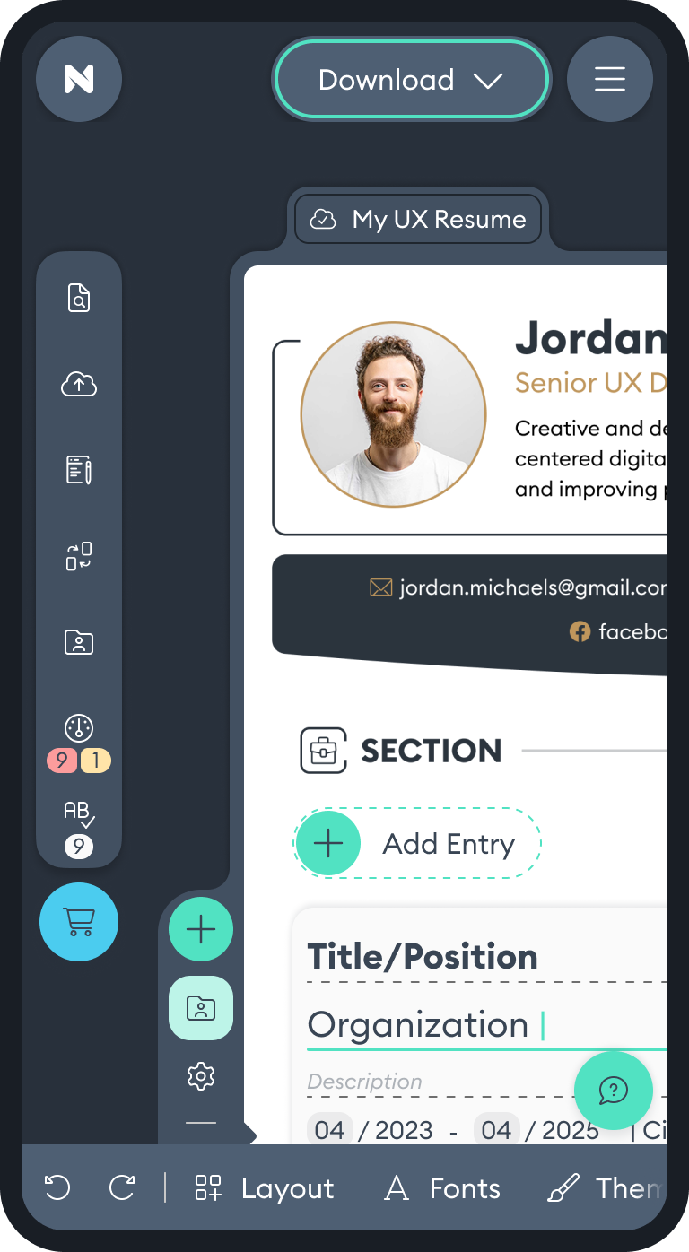 Novorésumé CV-editor åben på en mobiltelefon