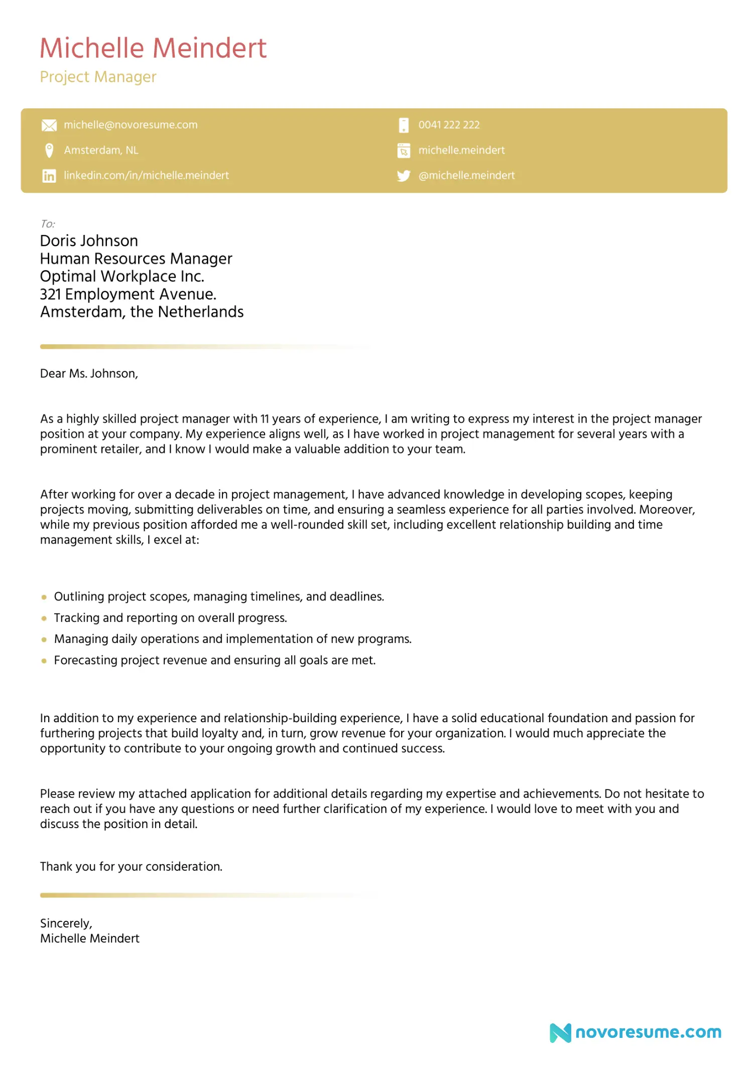 Middle Management Cover Letter Template