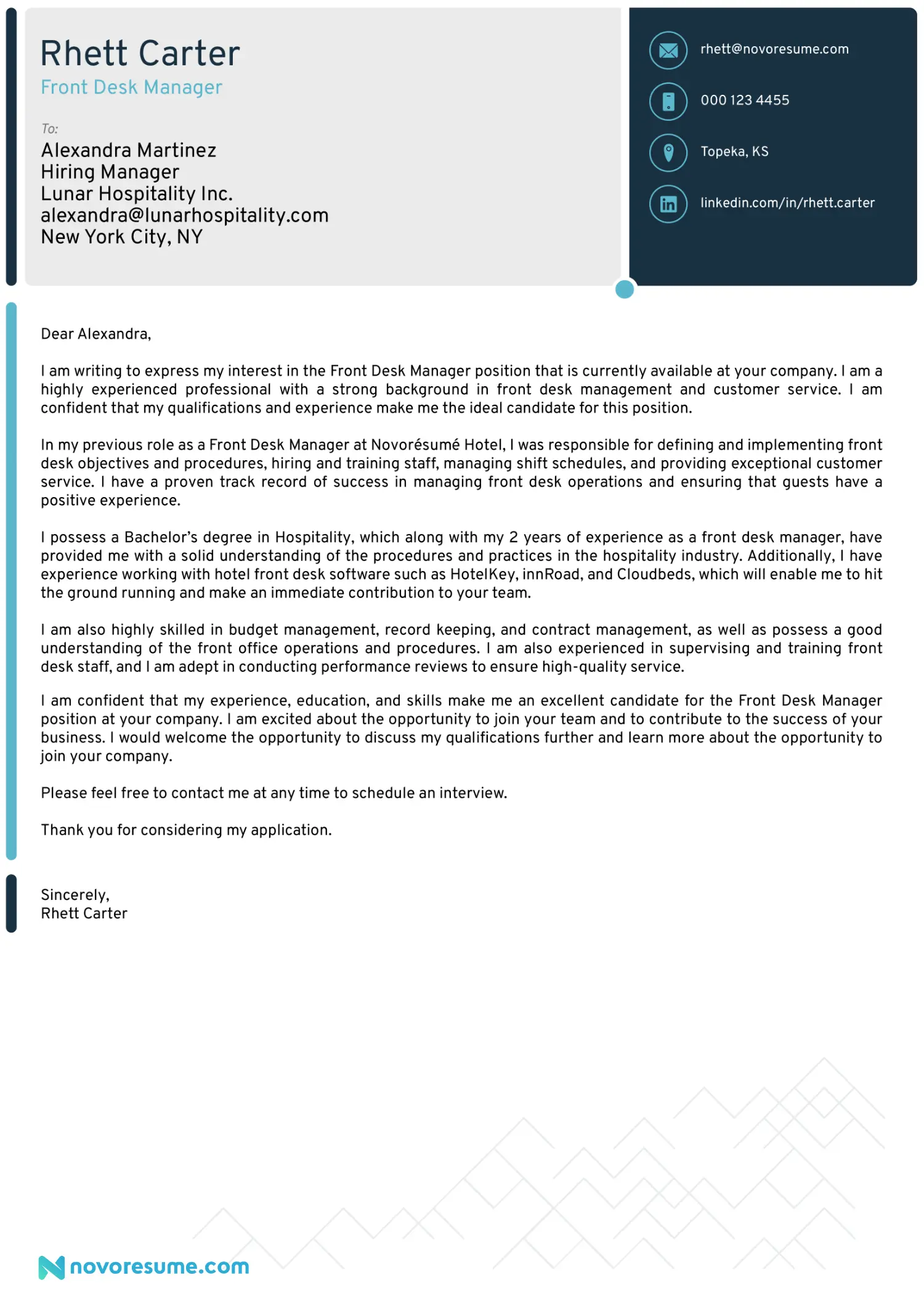 Front Desk Cover Letter Template