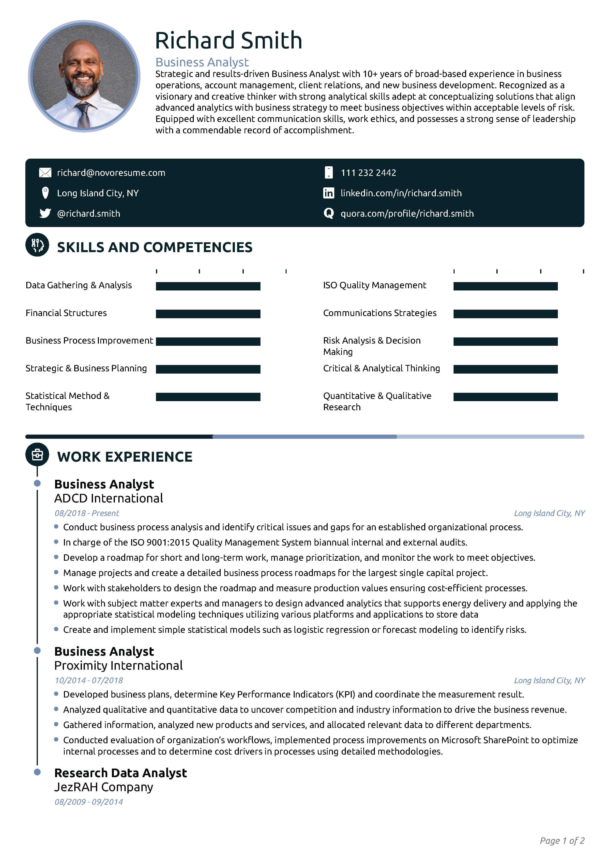 Ejemplo de un CV de Analista de negocio creado con Novorésumé