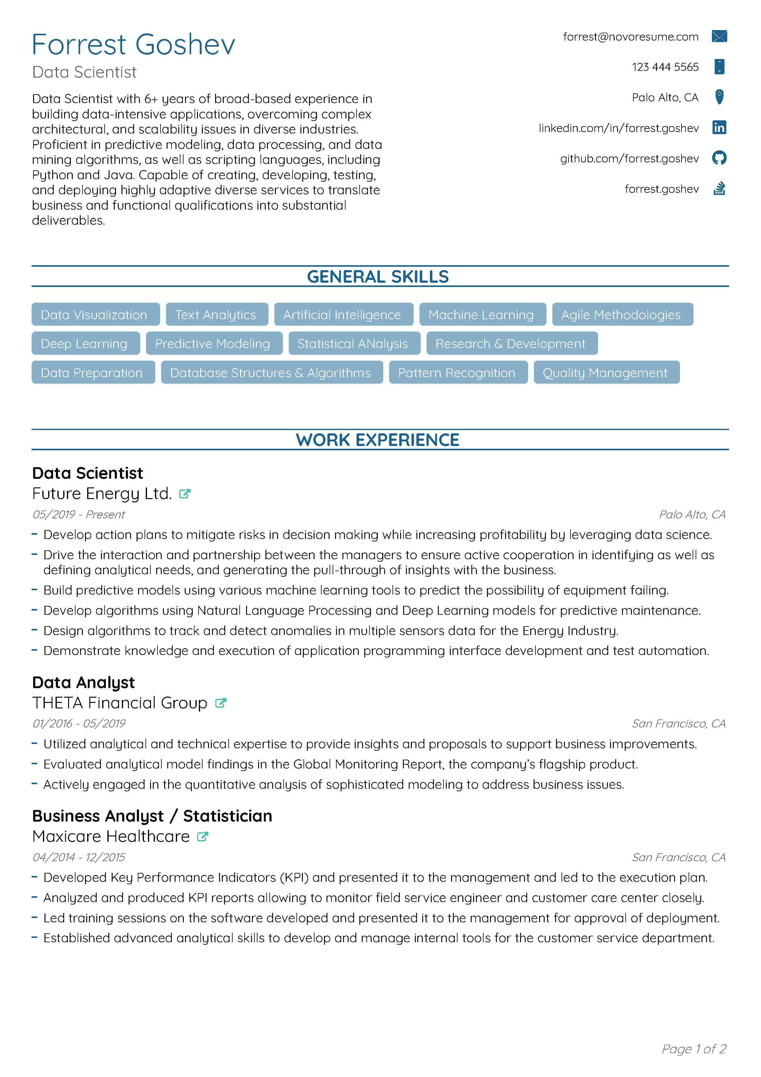 Ejemplo de un CV de Científico de datos creado con Novorésumé