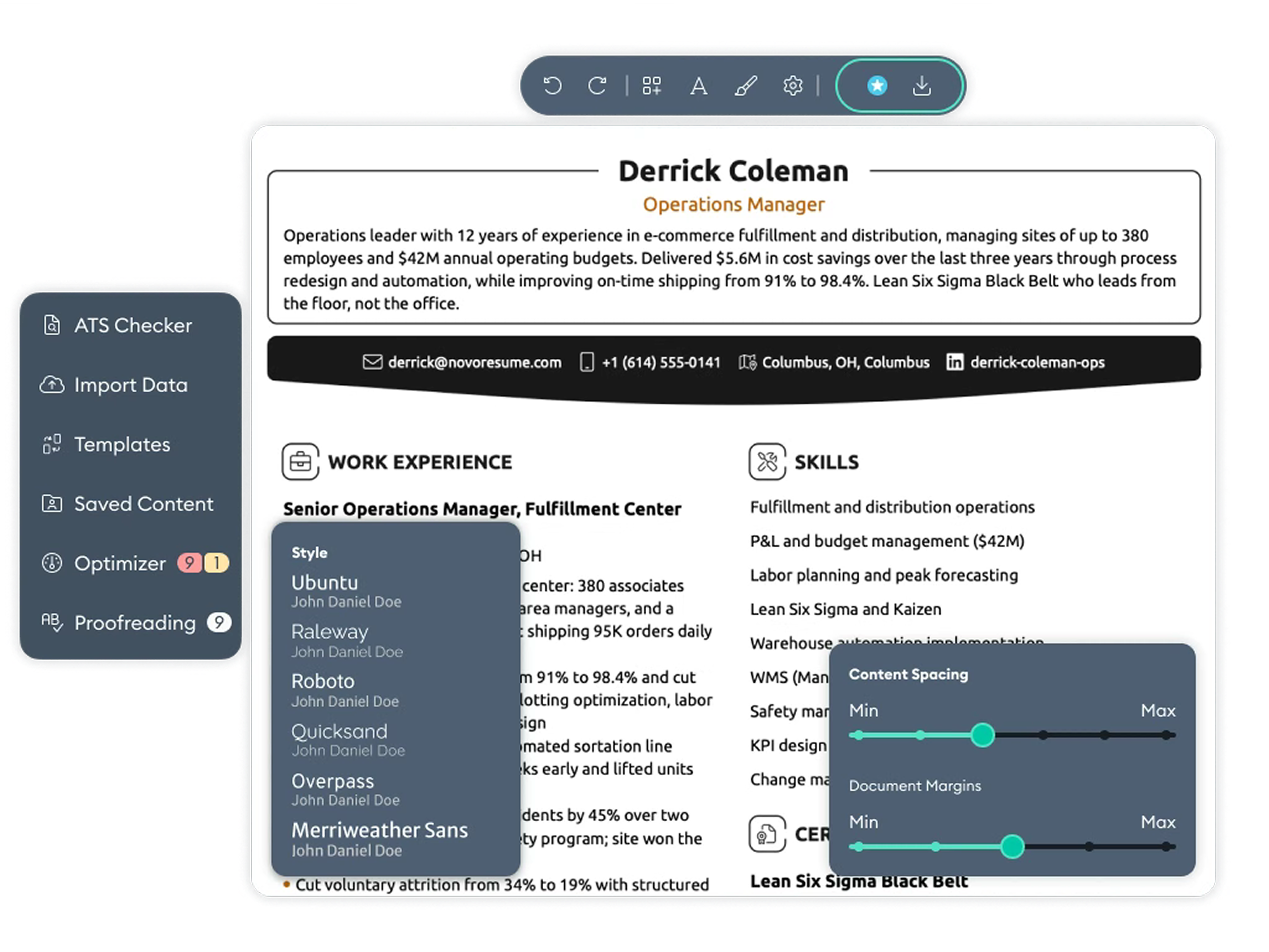 Vista previa de un CV abierto en el editor con IA de Novorésumé