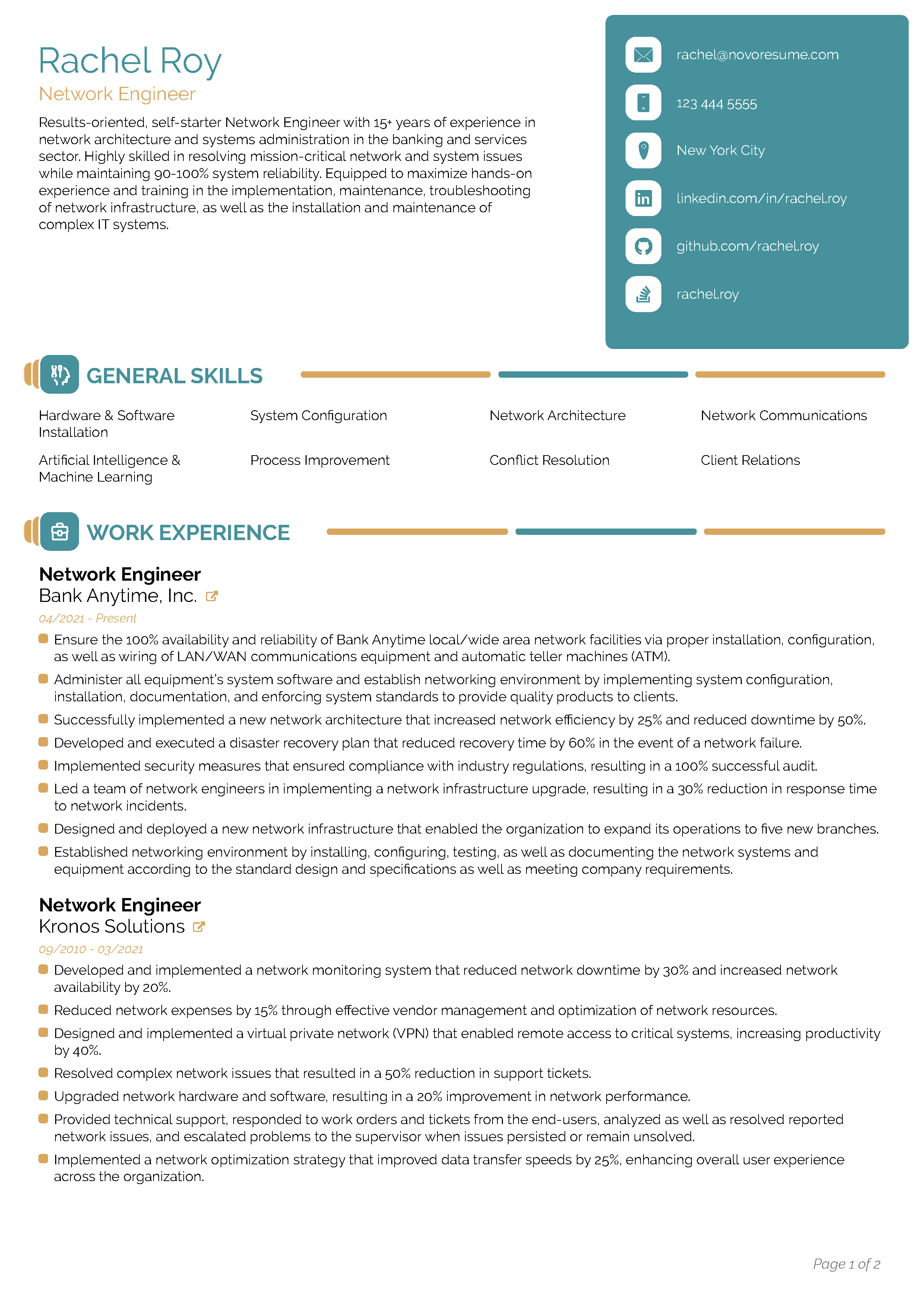 Ejemplo de un CV de Ingeniero de redes creado con Novorésumé