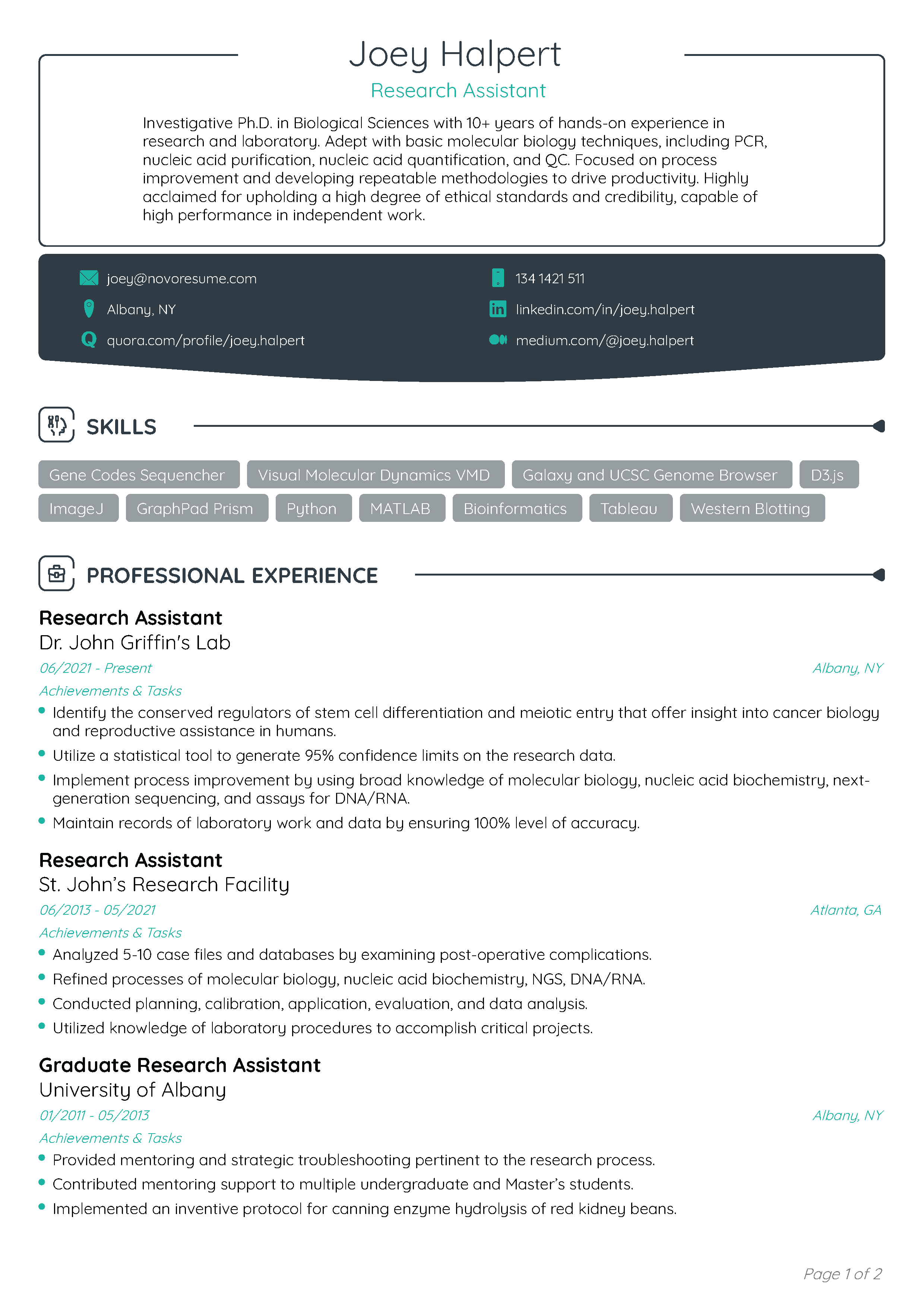 Ejemplo de un CV de Asistente de investigación creado con Novorésumé