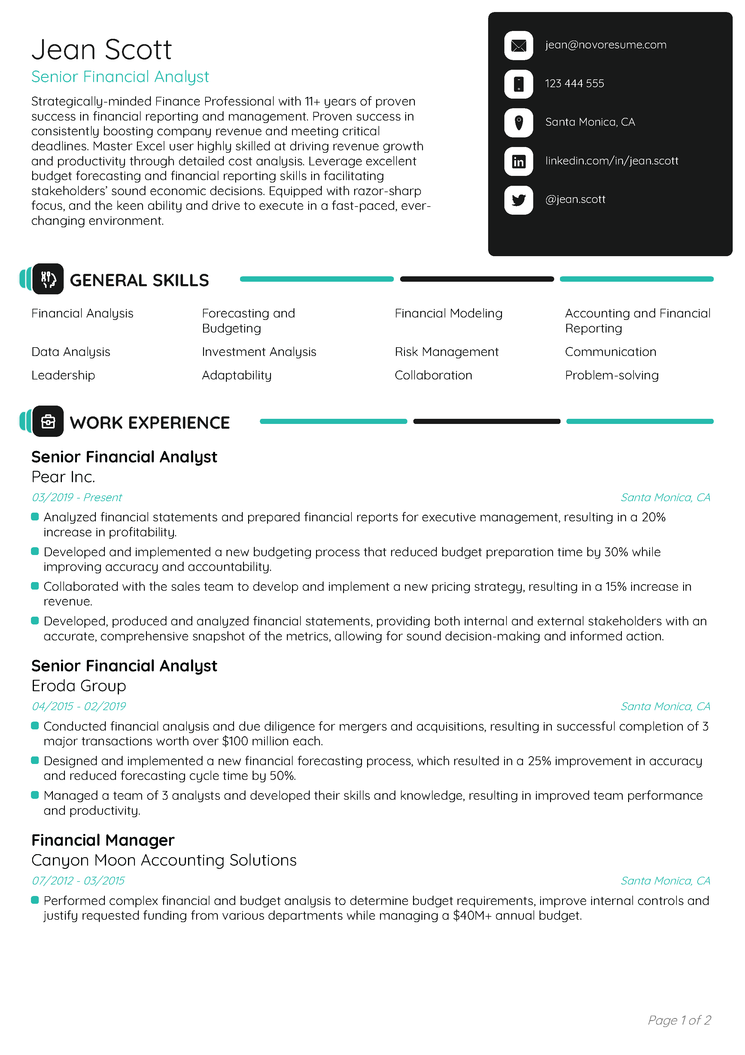 Ejemplo de un CV de Analista financiero sénior creado con Novorésumé